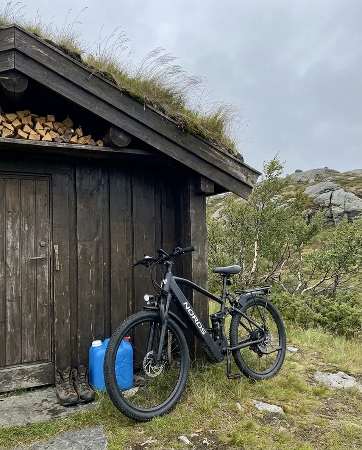 Parkert ved hytteveggen.